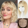 Blonde wig with straight bangs shown on a model, on a mannequin head, and from the underside to show the attachment area, Obroi