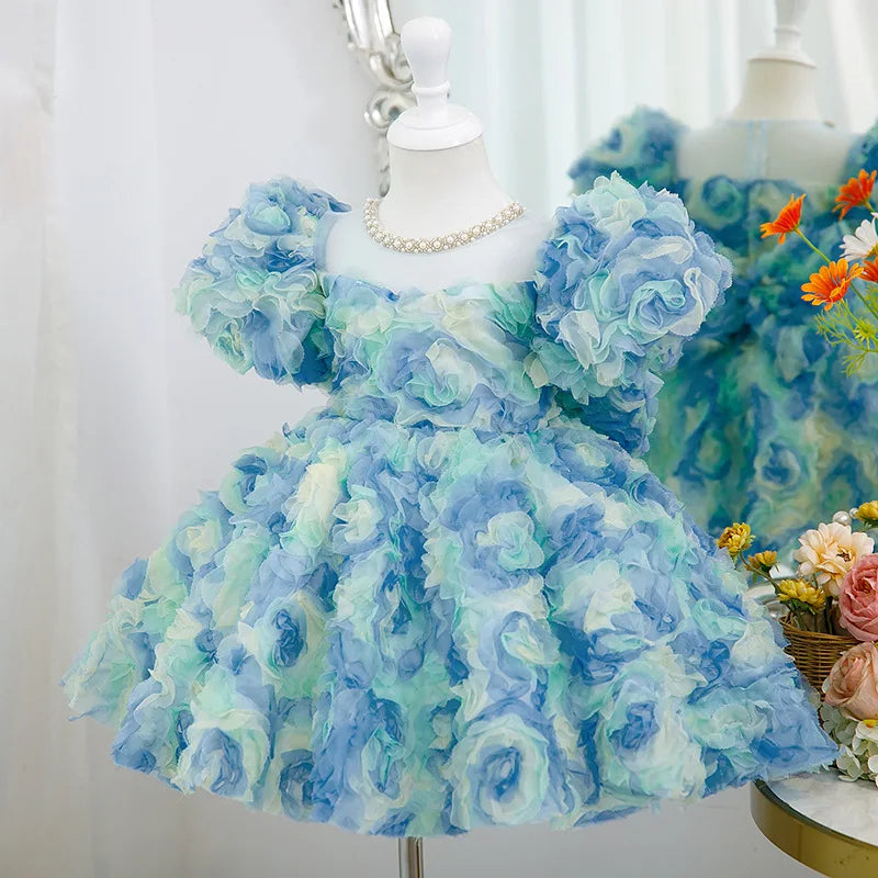 Children's Summer Dress Birthday Party Rose Bubble Sleeve Girls Princess Dress Puffy Dress