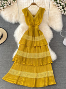 Women Elegant Long Dress Summer Ruffle Pleated Beach Dresses Ladies Slim Layer Dress