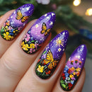 Nails with butterfly and floral design on a purple background, Obroi