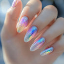 Close-up of a hand with multicolored glittery nail polish on a blurred background, Obroi