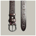 Brown leather belt with intricate designs on a light gray background, Obroi