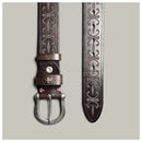 Brown leather belt with intricate designs on a light gray background, Obroi