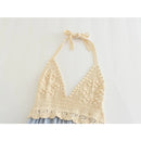 Women Sexy Backless Halter Patchwork Embroidery Knit Dress Summer Mini