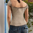 Women's Floral Trim Puff Sleeve T-Shirts Summer Square Neck Slimming Backless Top Tees