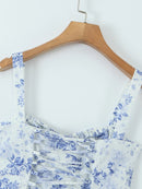 Women Summer Sweet Floral Sleeveless Midi Dress Cute Square Collar Sexy Backless Chic Split Tank Dresses