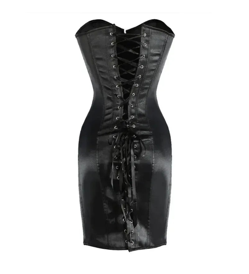 Women Overbust Corset Dress Steel Boned Black Satin Lace-up Long Torso Bustier Body Shaper Top