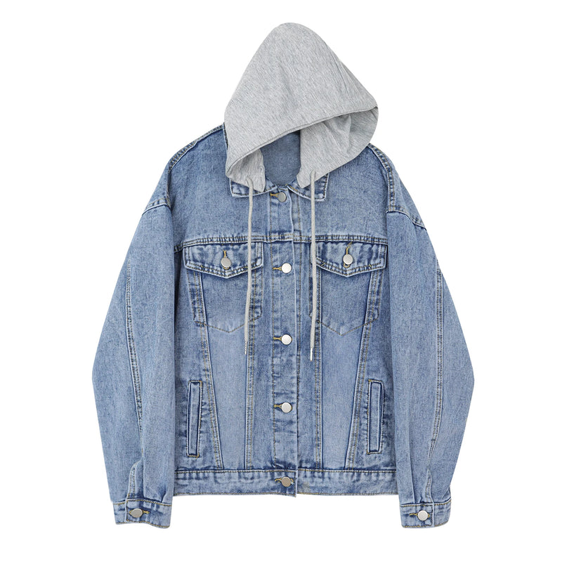 Women Denim Jacket Spring Autumn Single Breasted Detachable Hooded Coat Casual Loose Blue Jean Outerwear