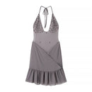 Gray slip dress with lace details on a white background, Obroi
