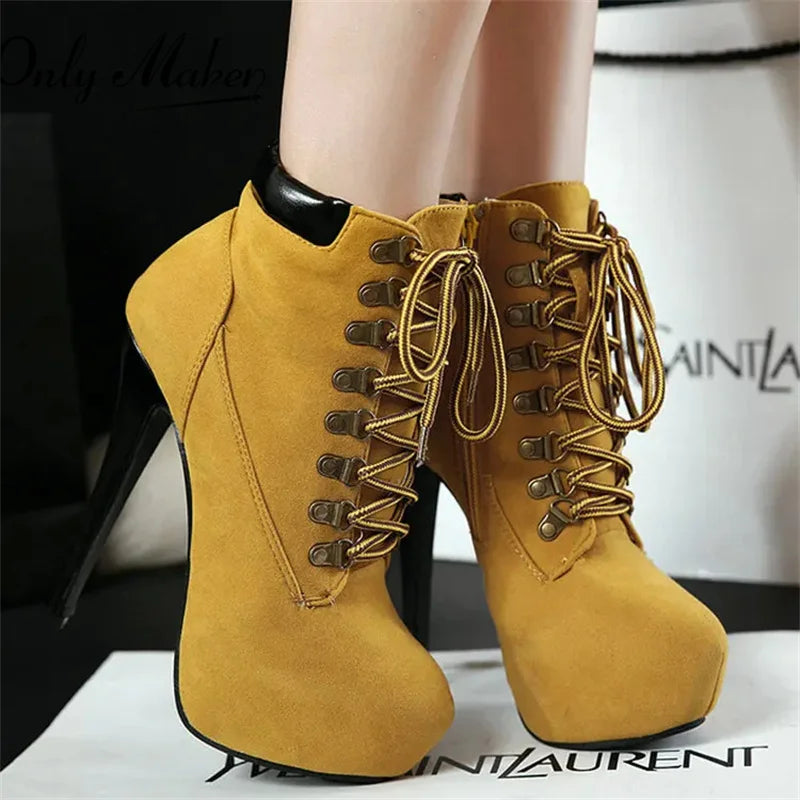 Women Lace-Up Ankle Boots Shoes 16cm High Thin Heel 4cm Platform Heels Boots