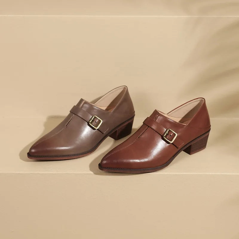Buckle Genuine Leather Single Shoes Woman Retro Pointed Toe Dress Shoes Ladies Thick Med Heels Pumps