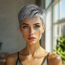 Women 4 Inch Pixie Cut Human Hair Wig Grey Haircut Laryed Straight Hairstyle Brazilian Remy Human Hair Wig