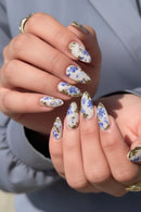 24pcs Almond Shaped Nails Gold Foil Blue Flower Press On Nails Full Cover False Nail For Girl
