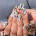 24pcs Almond Shaped Nails Gold Foil Blue Flower Press On Nails Full Cover False Nail For Girl
