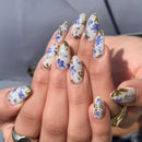 24pcs Almond Shaped Nails Gold Foil Blue Flower Press On Nails Full Cover False Nail For Girl