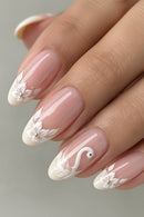24Pcs Medium Almond Press On Nails Skin Tone Hand‑painted White Swan & Flower Rhinestone Nails Reusable