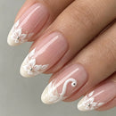 24Pcs Medium Almond Press On Nails Skin Tone Hand‑painted White Swan & Flower Rhinestone Nails Reusable