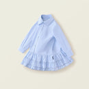 Spring Arrival Kids Blue Pleated Lace Dress Casual Collared Shirt Dress for Toddler & Young Children