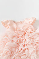 A close-up of a light pink girls' dress with ruffled fabric, flutter sleeves, and a large bow at the neckline, shown against a plain light background, Obroi