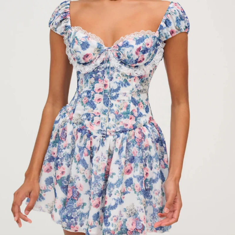 Boho Blue Floral Mini Dress Women Puff Sleeve Lace Spliced A-line Beach Holiday Summer Dresses