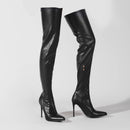 Women Boots Knee-High Pointy Toe with Slim Calf Fit Black Leather Upper Heel Design