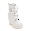White lace-up boot with a platform sole on a white background, Obroi