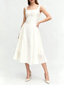 Spliced Shirring Dresses for Women Square Neck Sleeveless High Waist Casual Dress Female Clothing