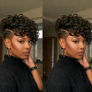Two images of a woman with styled hair, wearing a black sweater and hoop earrings, Obroi