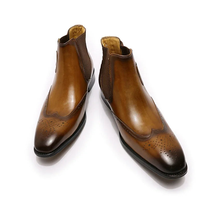 Luxury Men Genuine Leather Ankle Boots Black/Brown Wingtip Snake Buckle Strap Chelsea Shoes