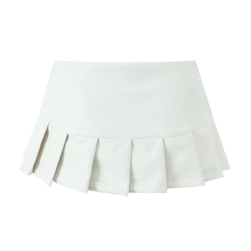 Leather Pleated Mini Skirt With Shorts lining Sexy Zipper Low Waist Short Skater Coffee White Black