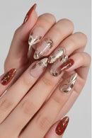 24PCS Golden Roses Almond False Nails with Glue Red Press on Nails Full Cover Ins Nail Tips Manicure Patch