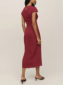 Dresses For Women Front Gathered Button Elegant Office Dress Round Neck Cap Sleeve Vintage Midi Dress With Slit