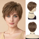 Woman wearing a brown wig with side views on mannequins, Obroi