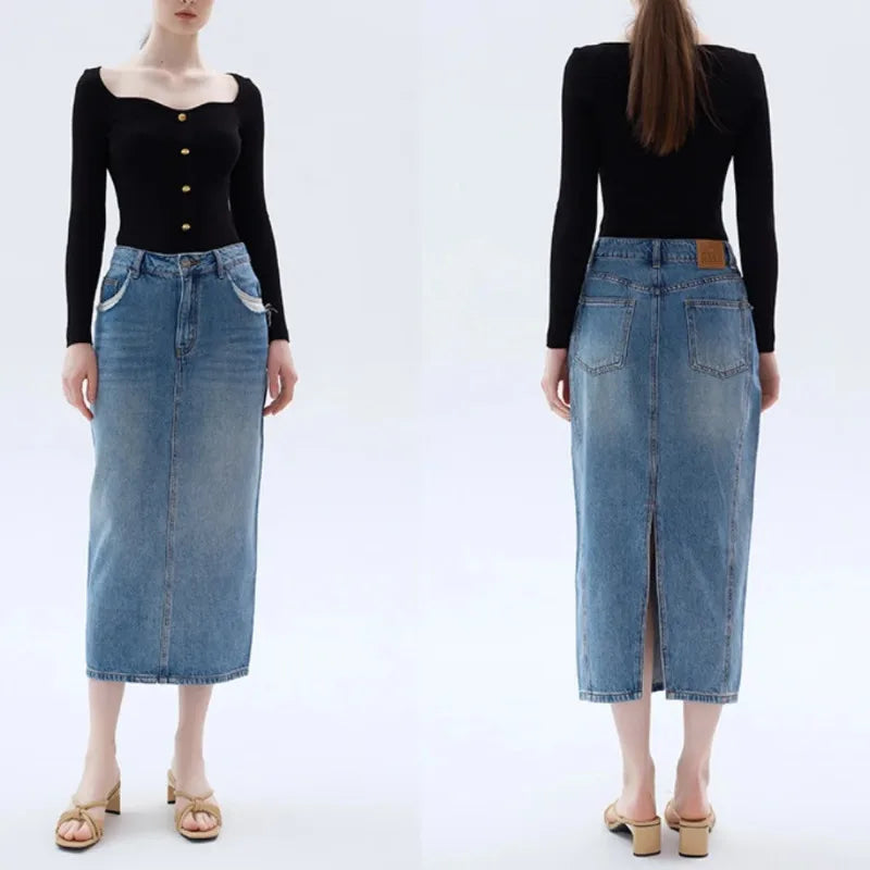 Spring and Summer Skin-friendly Blue Skirt Splicing Cut Pocket Slit Long Denim Skirt Female