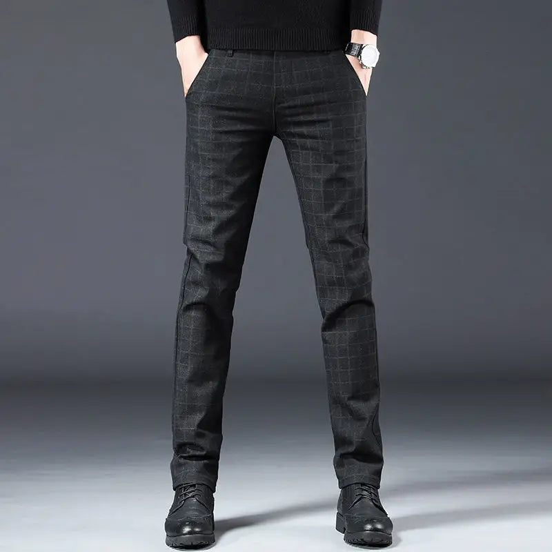 Streetwear Men Striped Plaid Suit Pants Spring Autumn Casual Grey Straight Slim Trousers