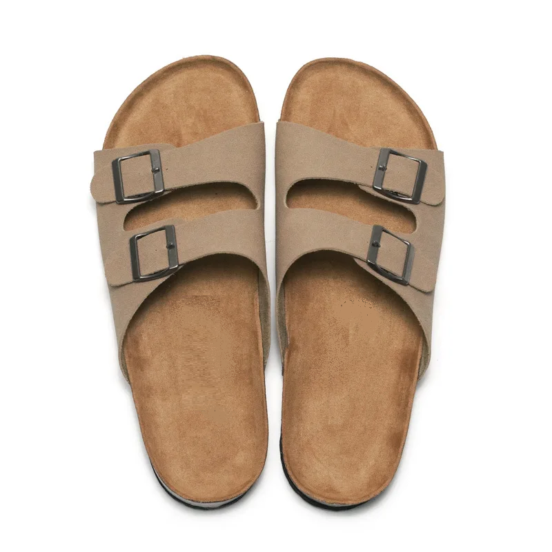 Men Cork Slippers Leather Mule Clogs Slippers Soft Cork Two Buckle Slides Footwear