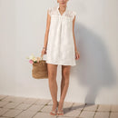 Stand Collar Ruff Sleeve White Lace Dress Women Summer Sweet Elegant Ladies Casual Loose Mini Dresses