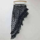 Black floral lace denim skirt on a hanger with a white background, Obroi