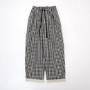 Women's Spring Cotton Plaided Pants Female Elastic Waist Loose Casual Ankle Length Straight Trousers