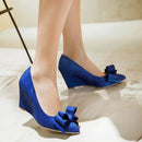 Casual Wedge Shoes For Women Wedge Pumps Pointed Toe Flock Sweet Bow Office Wedding Shoes Spring Autumn