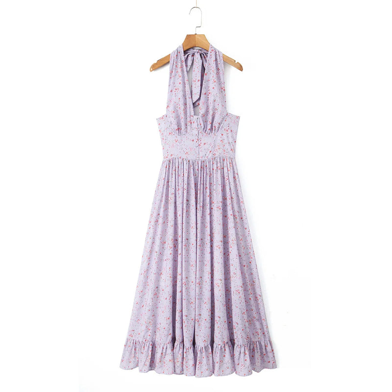 Purple Flower Tide Bow Halter Collar Backless Pleated Midi Long Dress Women Ruffles Hem Swing Party Robe