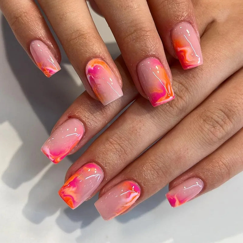 24Pcs Mid-length Ballet False Nails Press on Halo Dyeing Design Fake Nails Wearable Square Nail Art Tips