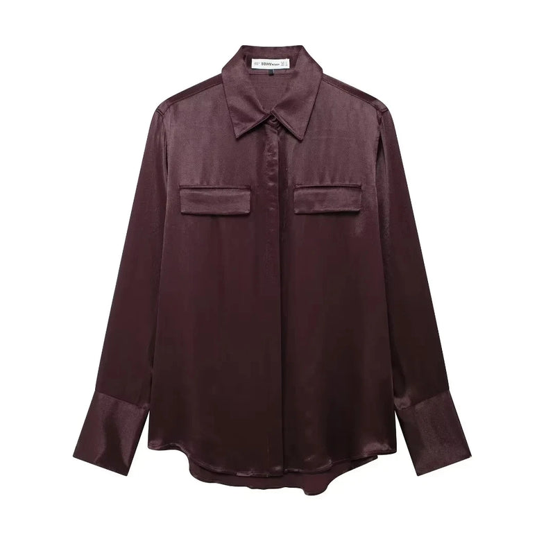 Silk Textured Shirt Women's Solid Pocket Shirt Blouse