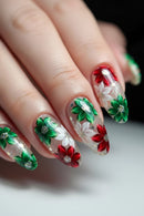 Nails with red and green floral design on a neutral background, Obroi