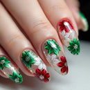 Nails with red and green floral design on a neutral background, Obroi