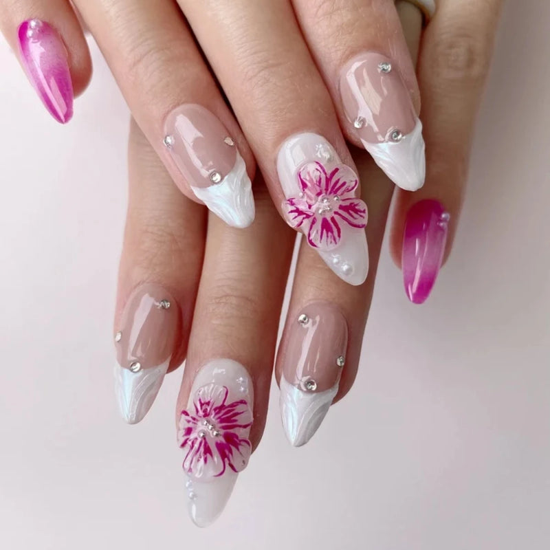 Handmade Manicure Medium Almond Fake Nails Flower Summer Hot  Limited Press On Nails
