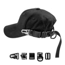 A black baseball cap with an adjustable chin strap and metal hardware, shown on a white background with small hardware detail thumbnails below, Obroi