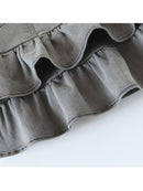 Denim Mini Skirt Women's Autumn Vintage Cute Sexy Girl Kawaii Slim High Waist Layered Ruffle Short Skirt Female