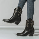 Embroidery Pointed Toe Ankle Boots Women Punk Square Heels Short Western Booties Shoes