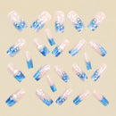 Medium Long Fake Nails Gradient Blue Press on Nails Ocean Fish Water Plans Jellyfish Flowers Press on False Nail Art Sticker 24